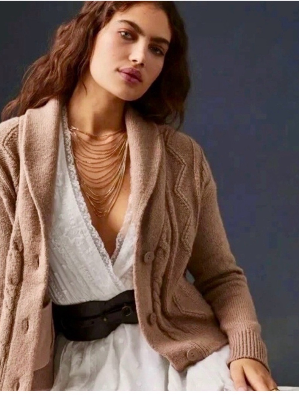 Pilcro Taupe Cable Knit Shawl Collar Cardigan